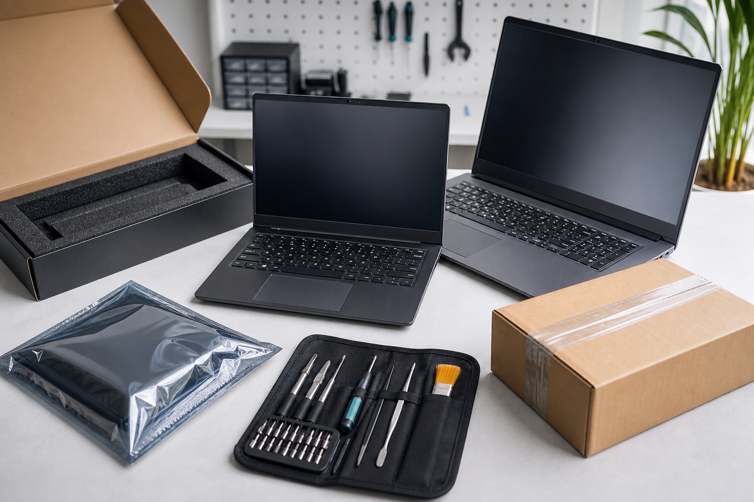 Refurbished laptops and shipping packaging prepared for dispatch